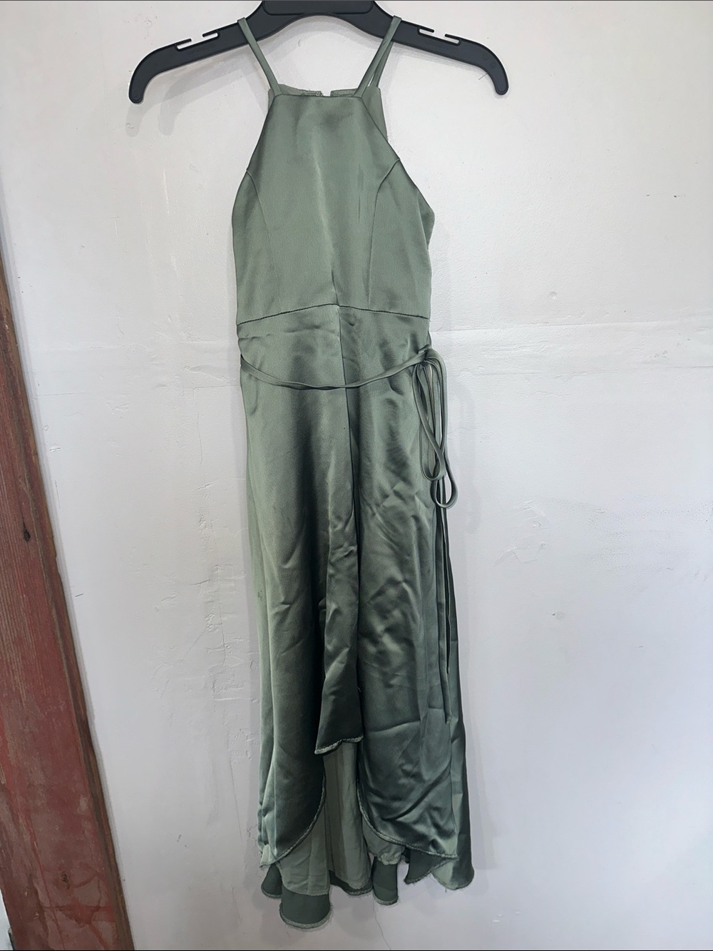 Sage Green Satin Halter Maxi Dress with Side Tie